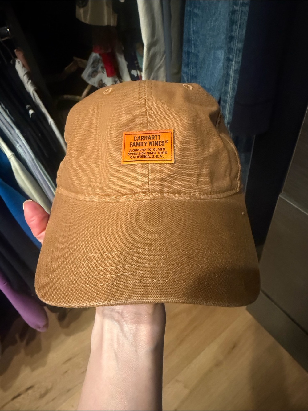 Carhartt Brown Canvas Baseball Hat with Orange Logo Patch